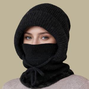Chapeau en laine tricotée tout-en-un pour le cyclisme d'hiver avec écharpe et masque doublé en polaire, chaud et coupe-vent pour les activités de plein air de la mère - Product Image 1