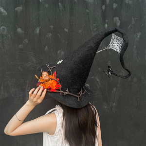 Chapeau de sorcière à large bord, forme conique, feuille d'érable, toile d'araignée, chapeau de fête d'Halloween - Product Image 1