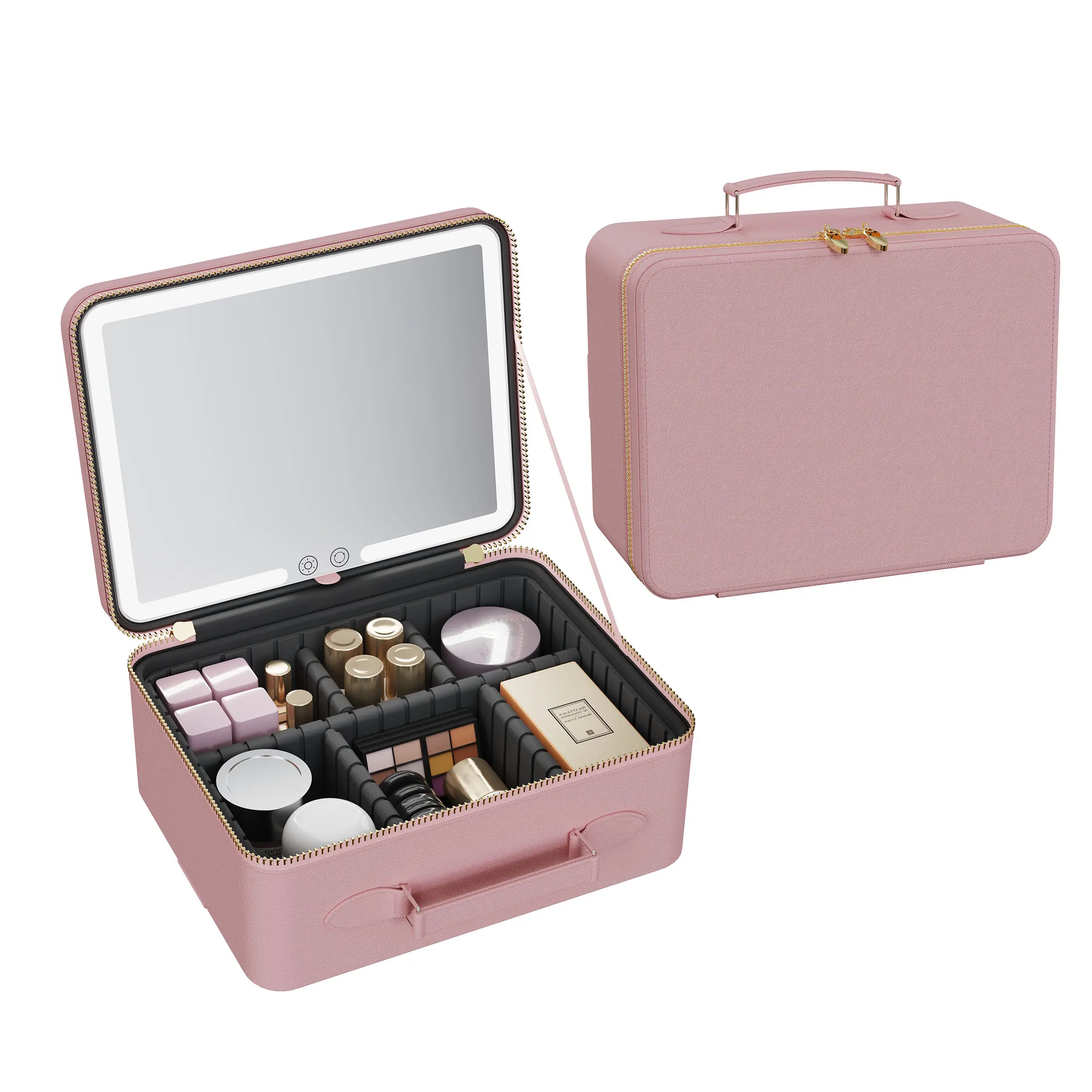 Bolsa de maquiagem portátil para viagem com luz LED e espelho de carregamento tipo C iluminada rosa
