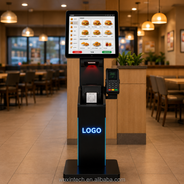 WUXIN 21.5/27 Inch LCD Self Service Kiosk Restaurant Payment System Touch Screen Ordering System Prefab Food Kiosk Dessert Kiosk
