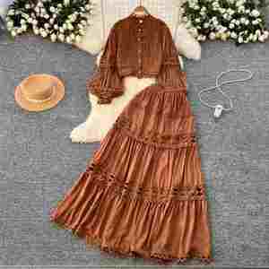 Winter Casual 2-Piece Set Women Lantern Sleeve Crop <b>Top</b> High Waist Patchwork Lace Woven Breathable Anti-wrinkle Skirts Wholesale - Product Image 1