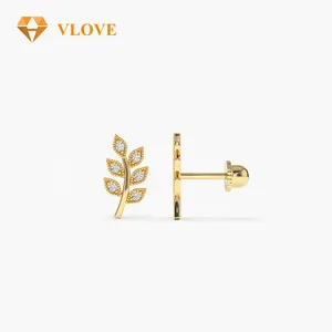 VLOVE anting-anting tindik berlian Helix daun 14k, perhiasan emas Solid terlaris