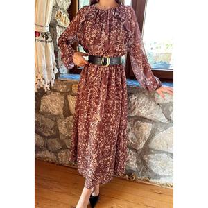 เดรสชีฟองลายดอกไม้สีน้ำตาลหรูหรา ทรงหลวม คอระบาย เอวธรรมชาติ ชุดลำลอง ผ้าบางโปร่ง - Product Image 2