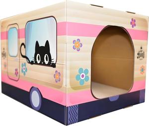 Casa para Gatos de Cartón con Rascador, Diseño Rectangular con Patrón de Flores, Cueva Acogedora para Gatos y Gatitos de Interior - Product Image 1