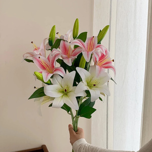 Bouquet de lys artificiels en soie, toucher réaliste, rose et blanc, pour mariage et décoration intérieure, 10 pièces, moulage par injection - Product Image 5