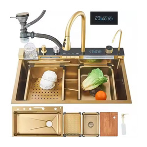 Fregadero de cocina con pantalla Digital, 750x450mm, <span class=keywords><strong>Bacha</strong></span> inteligente moderna para cocina, grifo dorado de acero inoxidable 304, tazón individual de cocina de 110mm - Product Image 1