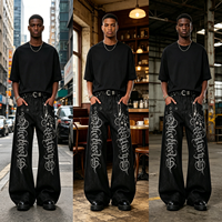 Jean baggy noir vintage délavé personnalisé avec imprimé strass gothique, œillets et chaînes, coupe large, pour homme, style streetwear