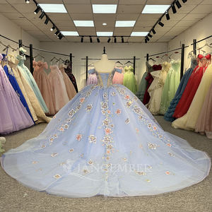 ชุดราตรีงาน Quinceanera 15 ปี รุ่น 1343 Elegant Blue Illusion Flower Pearls ประดับด้วยลูกปัดคริสตัลธรรมชาติ  แบบยาวลากพื้น  ตกแต่งด้วยลูกปัดและงานปัก - Product Image 4