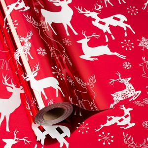 Rollo de papel de regalo navideño rojo metálico con renos y copos de nieve, 17 pulgadas x 32.8 pies, papel de regalo para manualidades navideñas - Product Image 1
