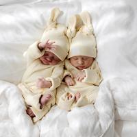 Pakaian Tidur Bayi Berbahan Katun Rib 4*1 dengan Ritsleting, Piyama Bayi Unisex Oeko-Tex dengan Kupluk, Set Bayi Baru Lahir