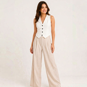 Conjunto de Blazer sin Mangas y Pantalones Anchos para Mujer, Elegante y Formal para Oficina, Traje de Dos Piezas al por Mayor - Product Image 1