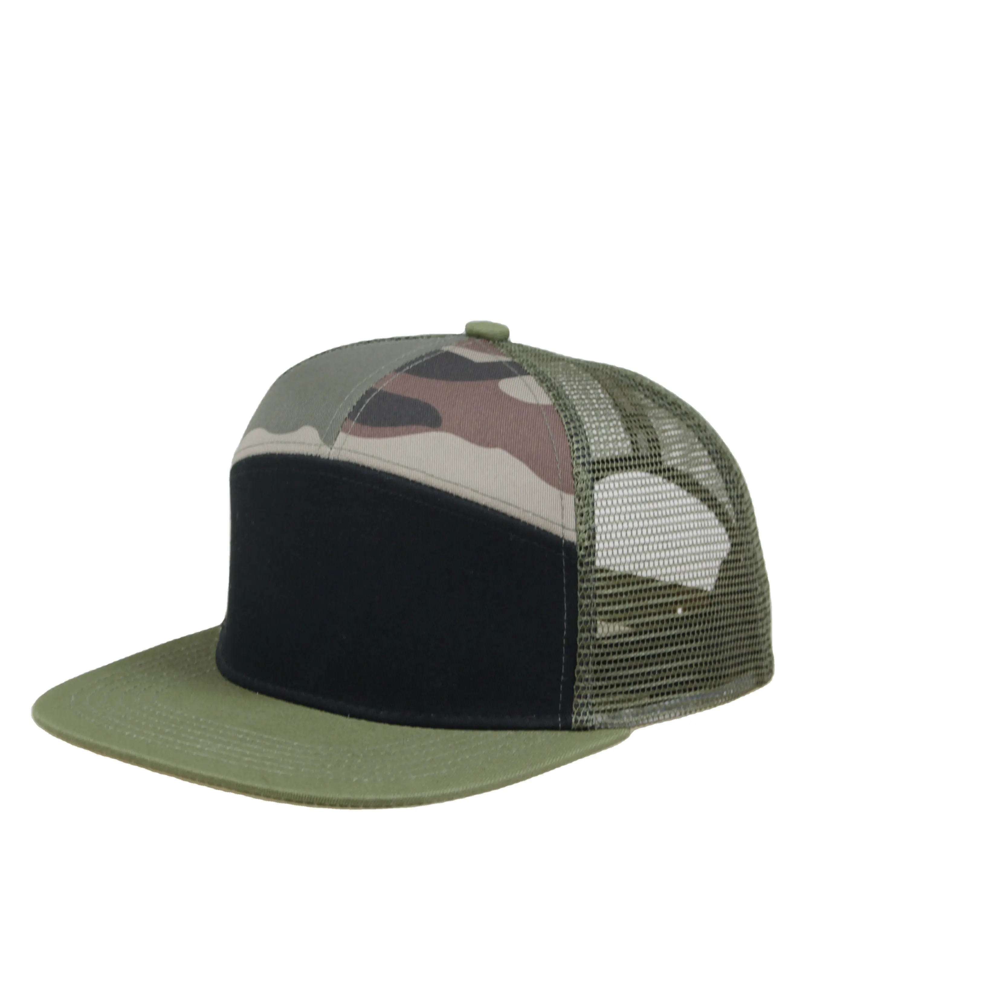 Casquette pour homme, vente en gros, logo personnalisé, camouflage structuré, chapeau à 5 panneaux, chapeau à 5 panneaux, maille, bord plat, casquette de camp, Flex Fit