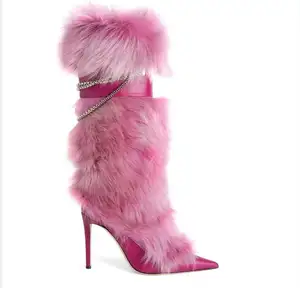 XZR 2023 marka kadınlar diz yüksek çizmeler stiletto topuk sivri burun tavşan kürk zincir moda seksi kız çizmeler