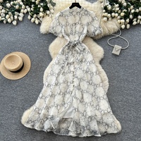 Robe longue décontractée pour femme, élégante, brodée de fleurs, coupe trapèze, col montant, manches courtes bouffantes, ceinturée, pour le quotidien