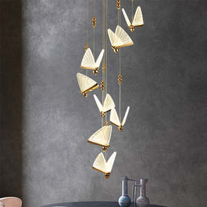 Long <b>Chandeliers</b> Glass Gold Butterfly <b>Crystal</b> Villa Hanging Nordic Pendant Light for Staircases - Product Image 1