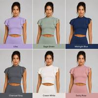 Haut de yoga Petalsleeve personnalisé pour femme, coupe courte, t-shirt de sport avec coussinets de poitrine, idéal pour la gym, la course, séchage rapide, respirant, sans coutures, dos élégant, Pilates