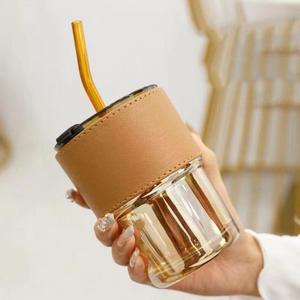 Mug en verre classique de luxe personnalisé, épais, pour le thé, le café, à domicile, portable, avec couvercle et paille, pour la rentrée scolaire - Product Image 3