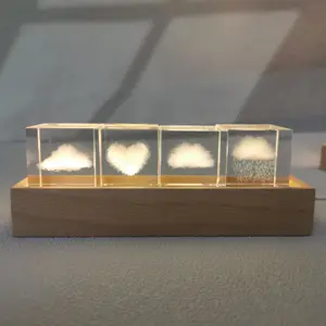 Luminous 3d Carved Crystal Square Nightlight Solid Wood Base Artistic Decoration Whole Customize Moon Crystal Square Led Light