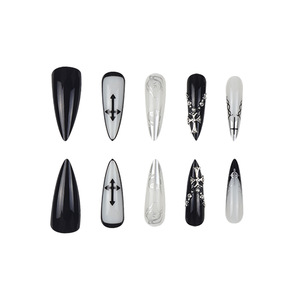 Faux ongles longs à talon aiguille, noirs et argentés, en ABS, couvrance totale, motif croisé, pointus, 24 pièces - Product Image 6