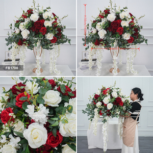 Bouquet de fleurs artificielles vintage vert bordeaux sur piédestal pour la décoration de l'allée et de l'entrée de mariage - Product Image 3