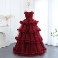 Robes de soirée à volants en tulle bordeaux arabe avec gants Robes de soirée de mariage à bretelles spaghetti roses SF049-1