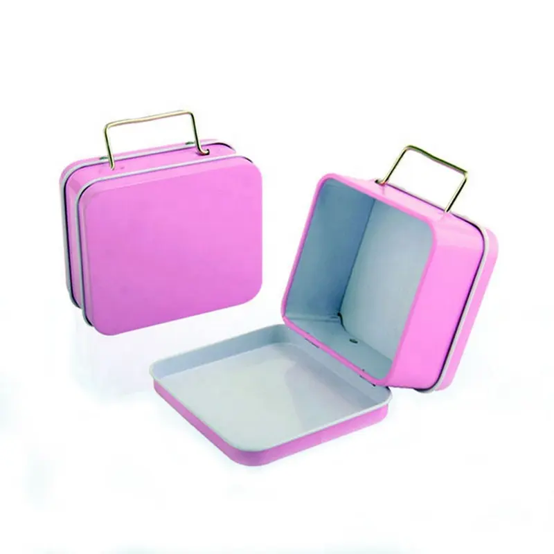 mini size wedding favor suitcase candy tin packaging box with metal wire handle