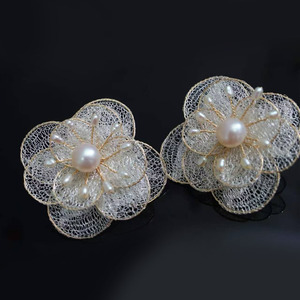 Handmade 14K Gold Filled Mesh Flower <b>Earrings</b>, Italian Craft Wire Net Floral <b>Studs</b> With Natural Freshwater Pearl party Jewelry - Product Image 2
