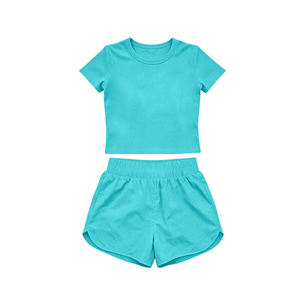 GSSO3772 Ensemble de yoga d'été pour petite fille, rose pastèlle, imprimé uni, jupe et haut à manches courtes - Product Image 2