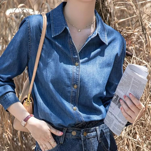 Camisas de Mezclilla con Cuello y Botones para Mujer, Estilo Casual de Otoño, Manga Larga - Product Image 1