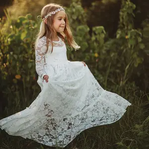 Gaun Anak Perempuan Bordir Renda Putih Gaun Bunga Lengan Panjang Gaun Malam Pernikahan Anak Perempuan Penuh Romantis