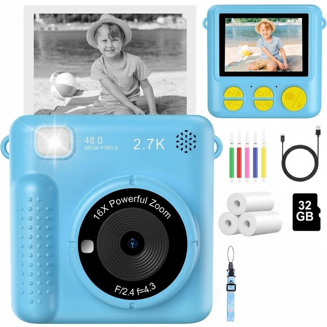 1080P HD Digital Camera for Kids with Print Paper & 32G  Memory Card, Photo Creator Instant Camera Toys, Kids Birthday Gifts