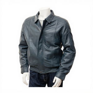 Chaqueta Bomber de Cuero Genuino Azul para Hombre, Cuello Camisero, Piel de Vacuno, Cintura Elástica, Bolsillos Laterales, Cierre Frontal con Cremallera, Clásica, Cálida y Personalizable - Product Image 1