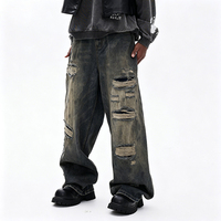 Nouveau jean en denim délavé noir et gris, coupe ample et droite, style vintage, pour homme, tendance américaine, avec design à trous factices, tissu de haute qualité