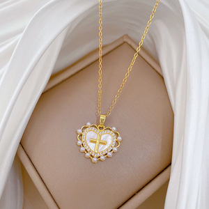 Collier unisexe en acier inoxydable plaqué or 18 carats avec pendentif cœur, perle ondulée et croix, bijoux bouddhistes tendance pour hommes et femmes - Product Image 3