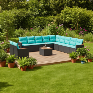 Conjunto de Sofá de Jardín de Ratán Sintético Negro con Cojines, 12 Piezas, Muebles de Exterior de Diseño Contemporáneo para Uso en Jardín - Product Image 2