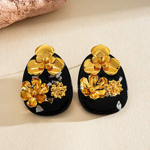 Vintage Flower Stud Earrings Gold Plated Acrylic <b>Resin</b> Women's Party Jewelry - Product Image 2