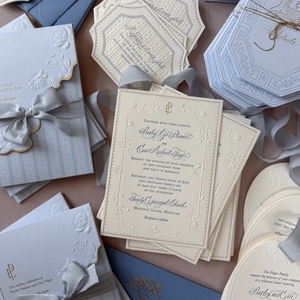 Luxury <b>Wedding</b> Invitation Suite Custom Handmade Art Paper Greeting Card Blind Embossed Floral Design Coated Paper <b>Ribbon</b> <b>Wedding</b> - Product Image 1