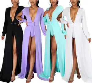 Causal Women Deep V Neck Party Slit Dress Long Sleeve Sexy Elegant Solid Color Evening Wedding Dress for Ladies