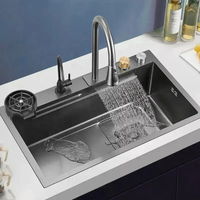 Nouvelle Évier de Cuisine Multifonction Moderne en Acier Inoxydable Noir 201 avec Revêtement Nano, Fait Main, avec Robinet en Laiton, Vasque Simple