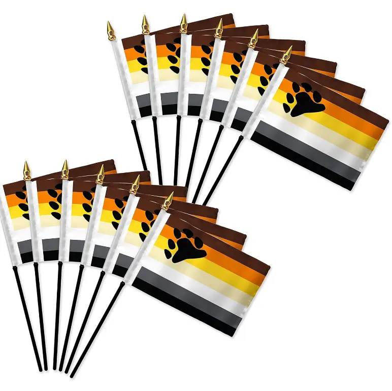 Custom LGBTQ 4x6" Mini Bear Pride Stick Flags with Solid Black pole and gold point at top