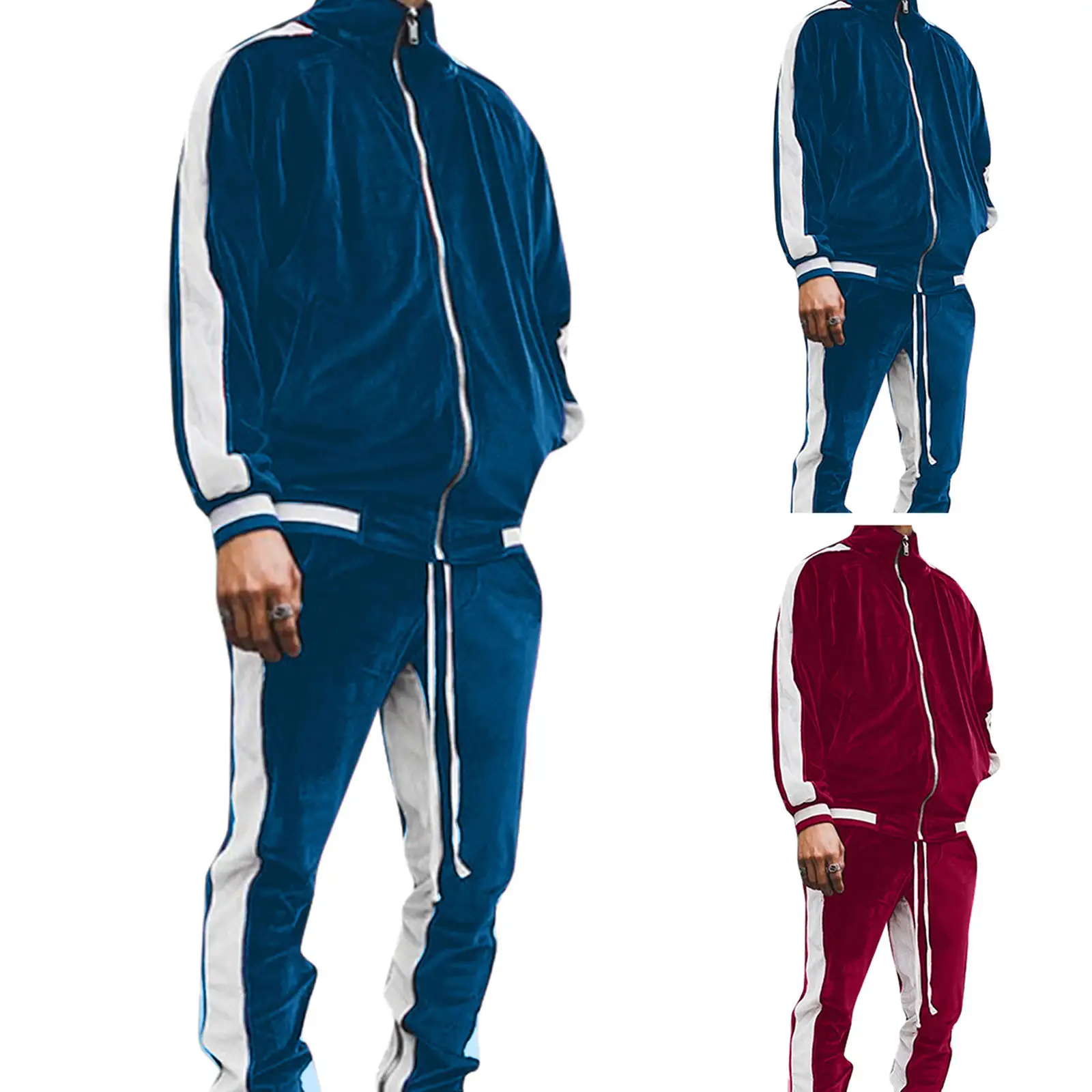 بدلة جري رجالي مخملية عالية الجودة مع شعار يصمم حسب الطلب باللون الأزرق مناسبة للركض والركض