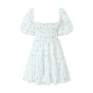 Cute design square collar lantern sleeve floral printed women's summer casual mini dress