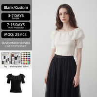 Haut en tricot respirant de couleur unie avec dentelle et volants, col épaules dénudées, chemisier d'été à manches courtes pour femme