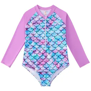 Biquíni de praia com zíper de manga comprida para meninas, biquíni personalizado com estampa de balanço de peixe, roupa de banho infantil fofa de uma peça