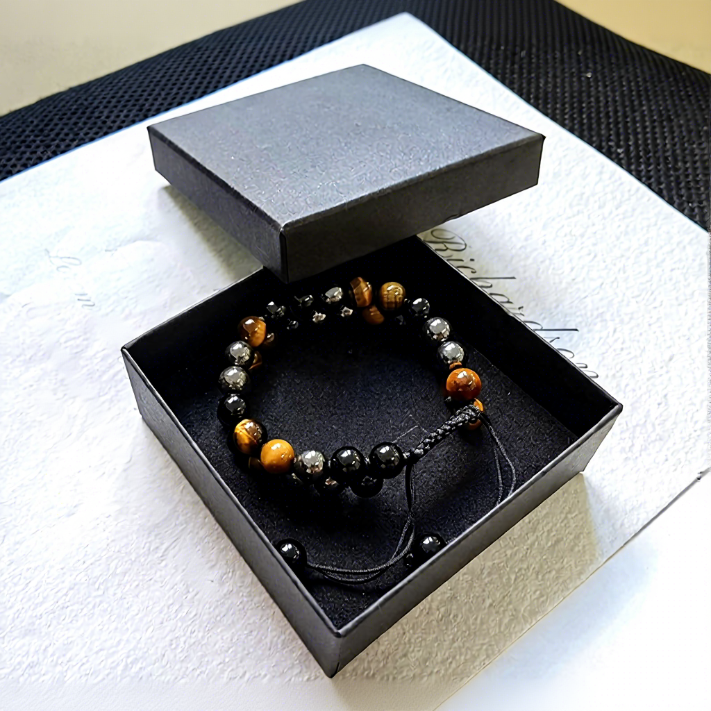 Oeil de Tigre + Aimant Noir + Bracelet Verre Noir (+ Boîte)