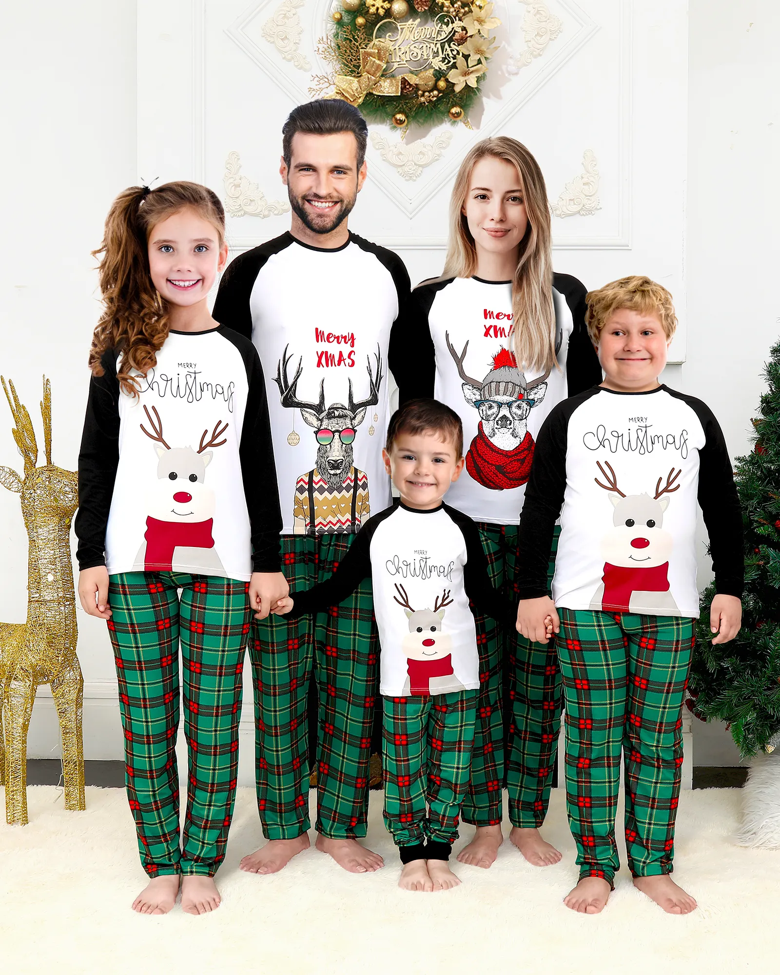 Good Quality Manufacturer Couple/Kids 2 Pieces Pyjamas Set Plain Green Loose Family Christmas Pajamas For Husband And Wife