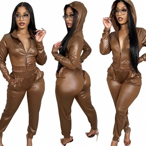 Ensemble <span class=keywords><strong>femme</strong></span> Designer <span class=keywords><strong>en</strong></span> similicuir à capuche, pantalon de <span class=keywords><strong>jogging</strong></span> court à capuche, fermeture éclair, vêtements de qualité pour <span class=keywords><strong>femme</strong></span>, hiver - Product Image 2