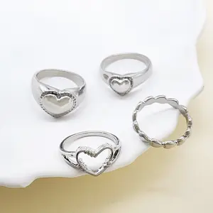 Set Cincin buku jari hati perak perhiasan warna Perak Charm berlian Set cincin untuk wanita Vintage Boho Knuckle pesta
