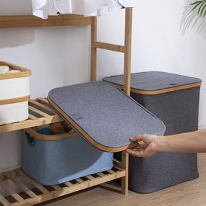 Bamboo <b>Laundry</b> Basket Rectangle Foldable Oxford Fabric Clothing Organizer Storage Basket Large Capacity Bathroom Use - Product Image 2