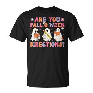 T-shirt unisexe pour adulte à manches courtes et col rond, imprimé numériquement, promotionnel, avec le motif 'Are You Fall O Ween Directions Teacher Halloween Ghost' - Product Image 1